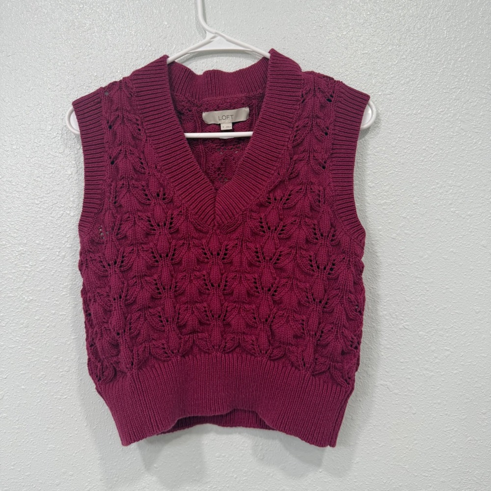 LOFT Womens Berry Pink Pointelle Cable Knit V-Neck Cotton Sweater Vest Size M